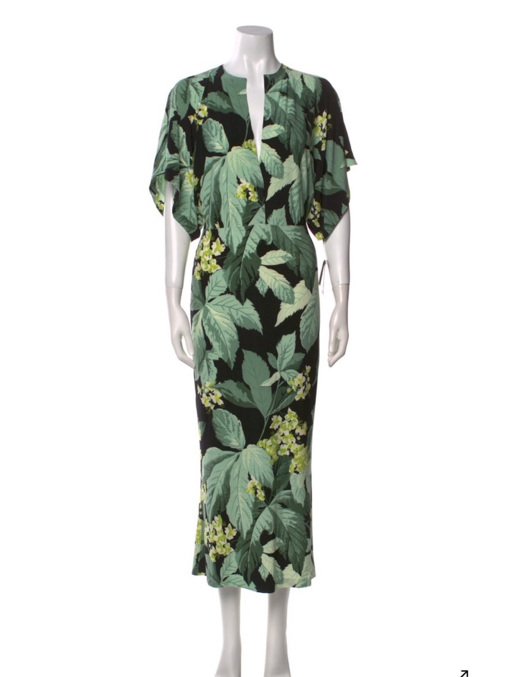 Norma Kamali Black Maxi Dress with Green Leaf & Yellow Floral Print